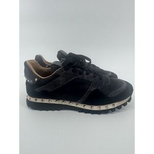 Valentino Black Suede Camouflage Fabric Rockstud Low Top Sneakers Sz 37
